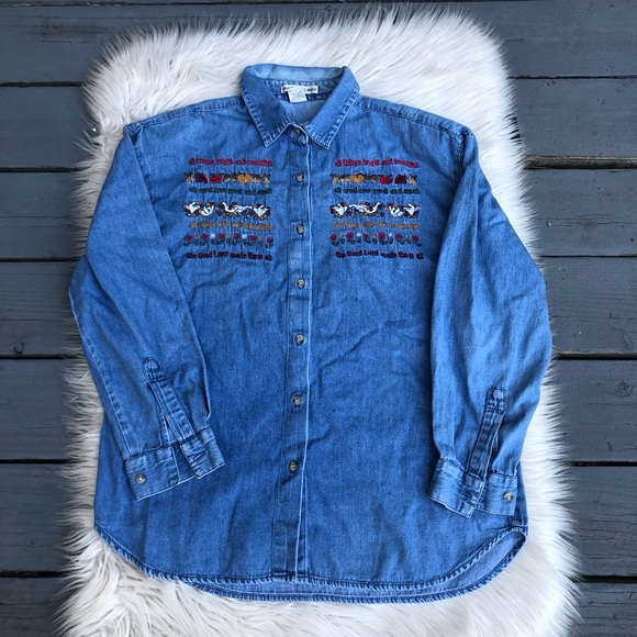 Maggie & Max Tops - Vintage Maggie & Max Embroidered Chambray Denim Farmhouse Button Down Shirt XL